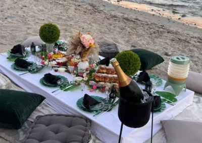 Table basse dressée au bord de l'eau, champagne au seau, plateau gourmand et coussins verts