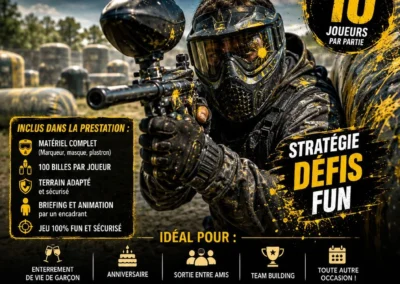 Affiche de présentation de l'offre paintball mobile : matériel complet fourni, 6 à 10 joueurs, déplacement sur le lieu de votre choix