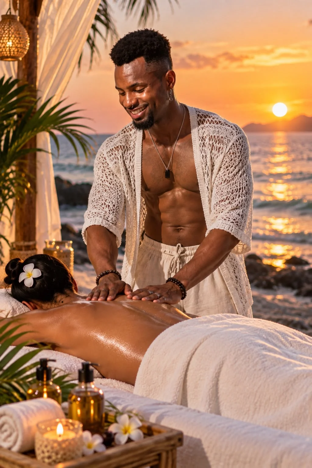 Massage du dos en plein air face à la mer au coucher du soleil, huiles de massage, bougies et fleurs de frangipanier