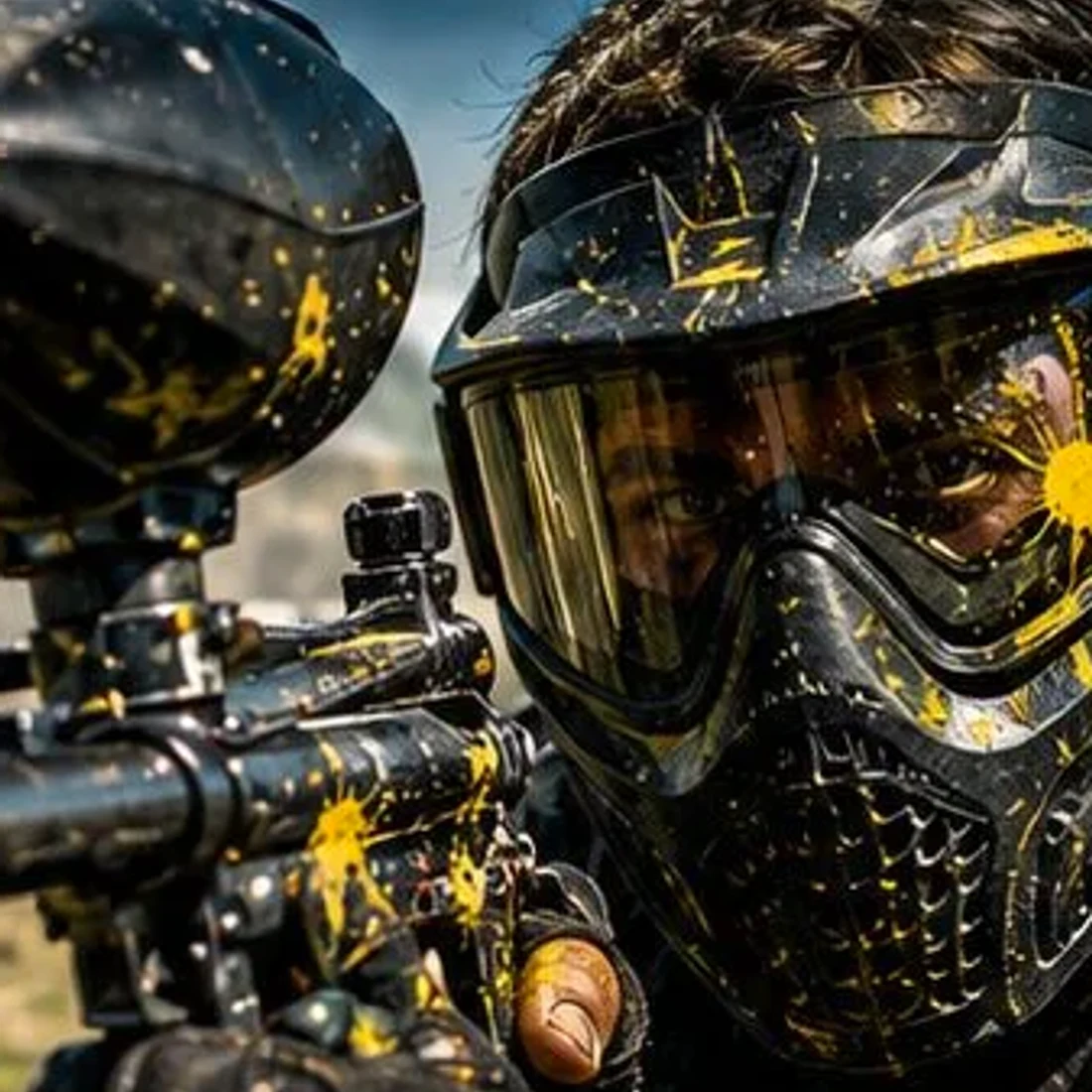 Joueur de paintball en gros plan, masque noir éclaboussé de peinture jaune, lanceur à la main